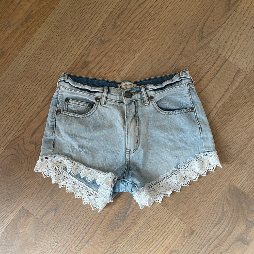 Free People Lace Trimmed Denim Shorts